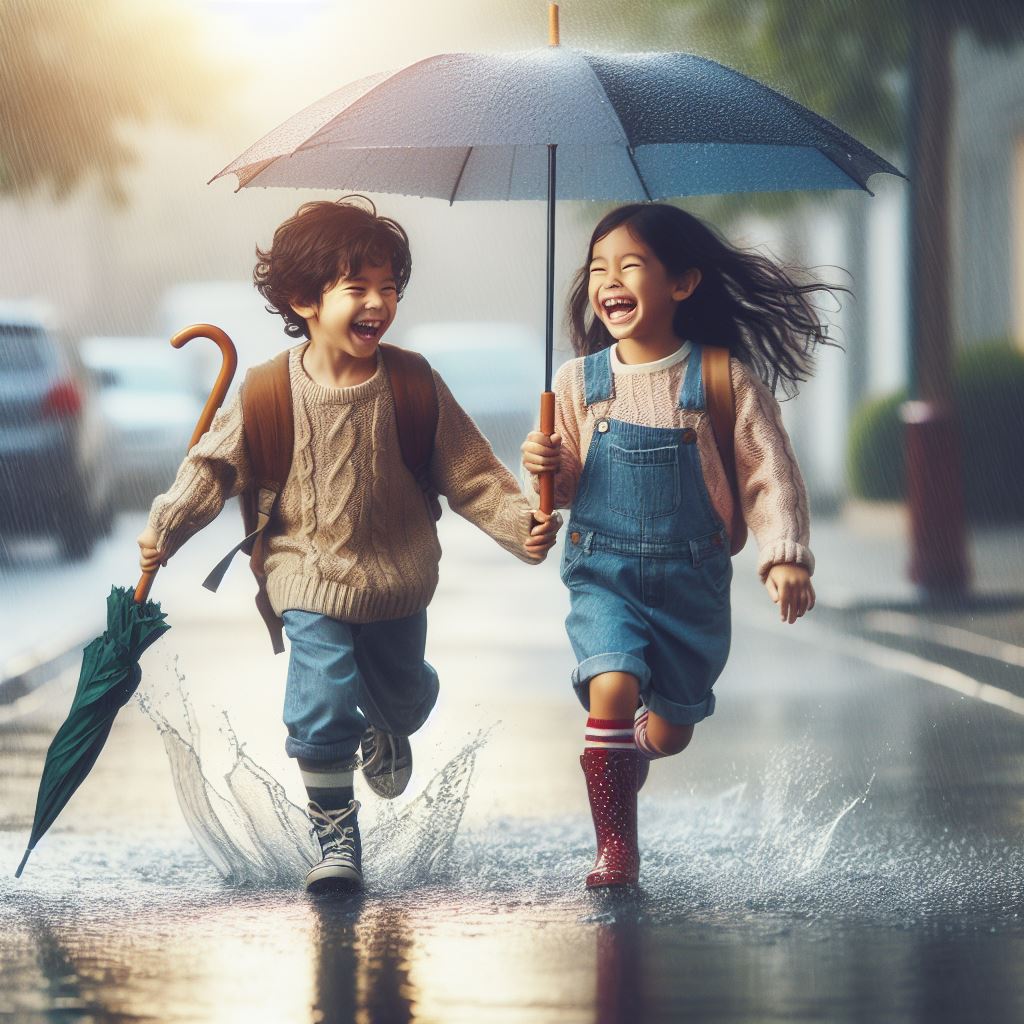 Two kids happily running under an umbrella in rain.