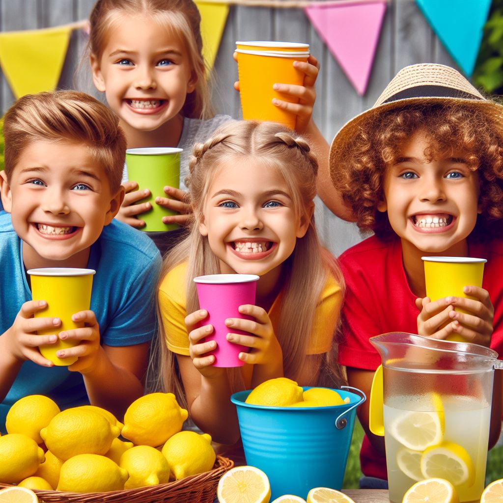 A group of kids with smiling faces selling lemonade.