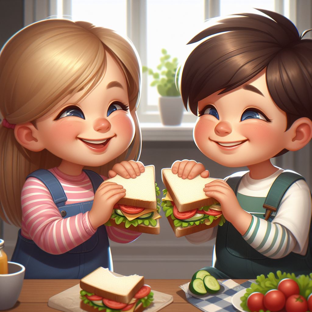 Two kids happily sharing sandwich.