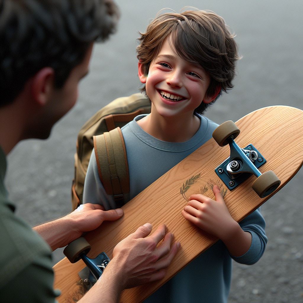 A boy receiving skateboard in happiness.