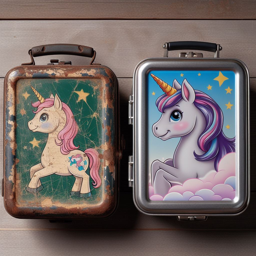 Two lunch boxes beside each other - one old and one new with a unicorn.