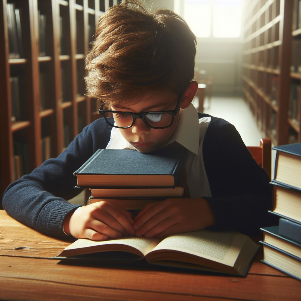 A little boy buried into reading his book  in a library. 