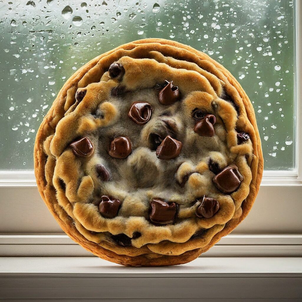 A chocolate chip cookie up-close near a window pane.