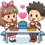 Cartoon of two kids having lunch together.