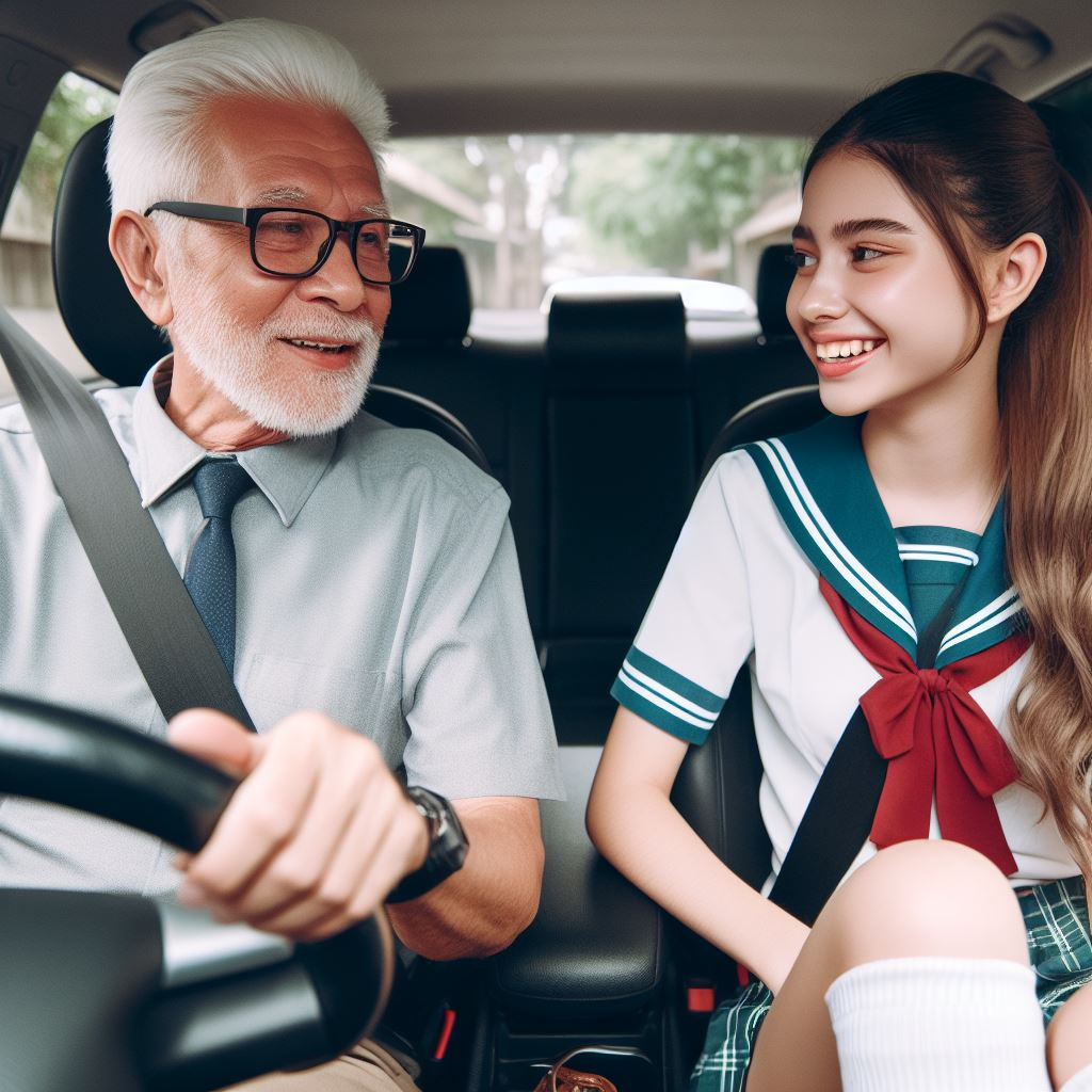 An old man and a girl talking in a car.