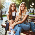 Two girls sitting on a park bench.