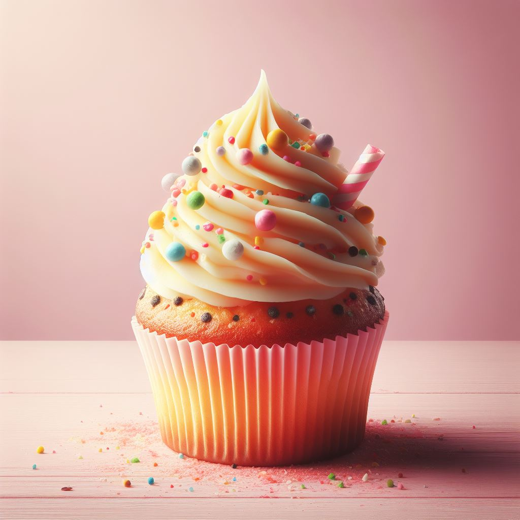 A cupcake with sprinkles and frosting up-close. 