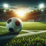 A soccer ball up-close on green grass of a soccer field.