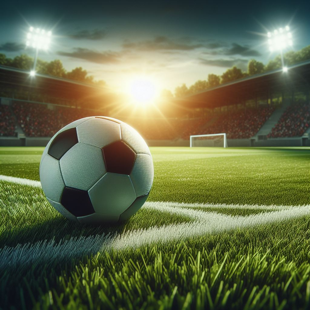 A soccer ball up-close on green grass of a soccer field. 