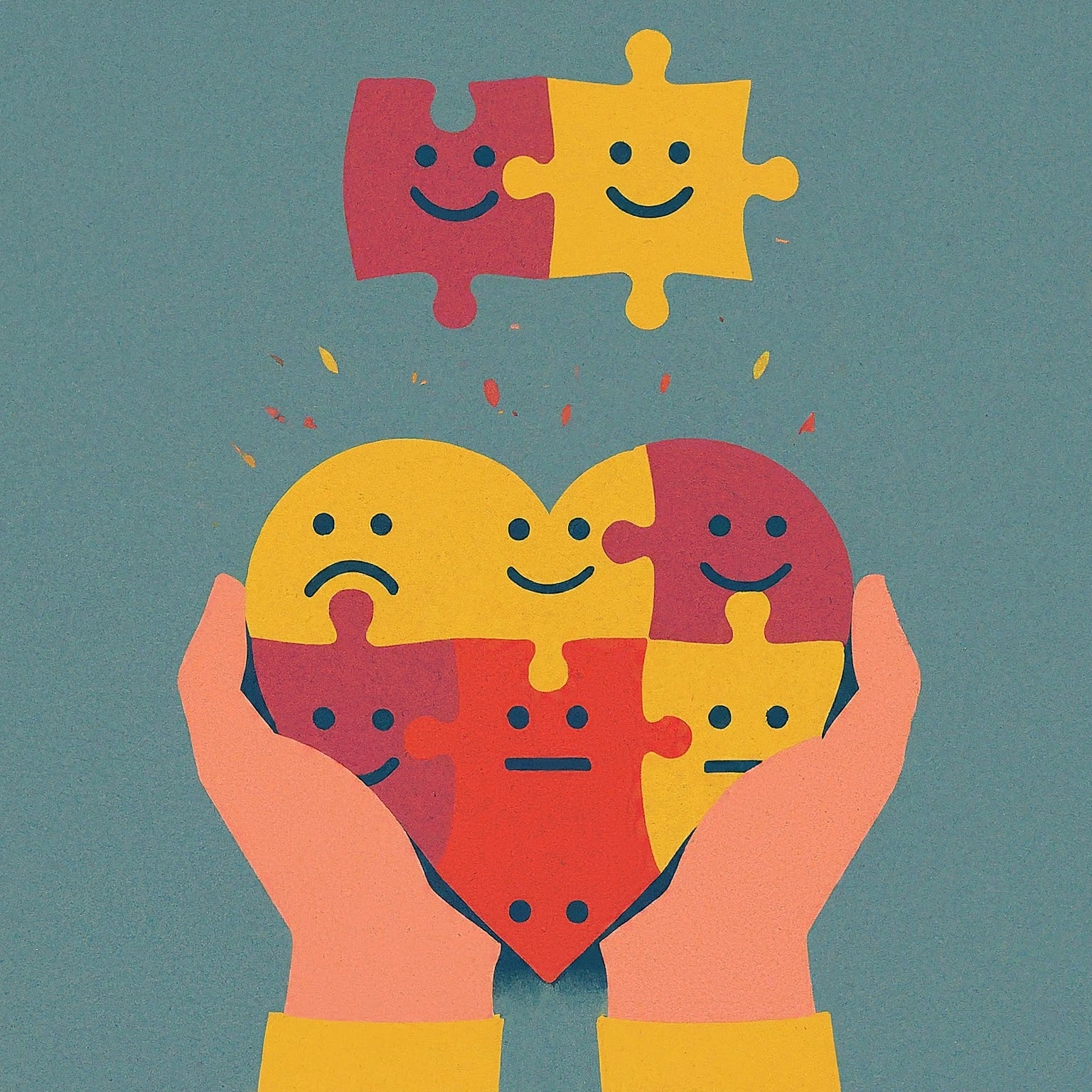 A colorful illustration of a child holding a heart-shaped puzzle with other emotions like happy, sad, and angry depicted on the puzzle pieces.
