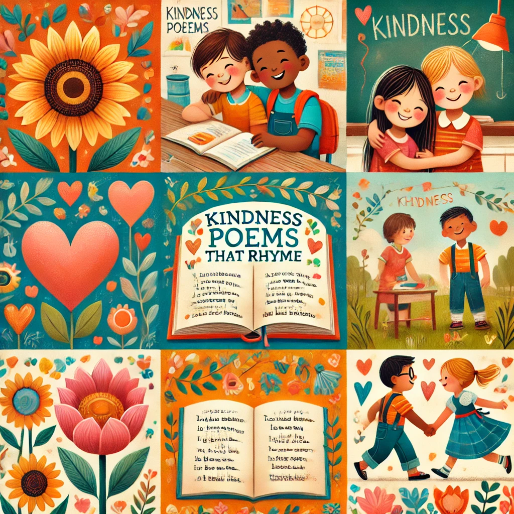 Flowers, hearts, kids displaying kindness - illustration