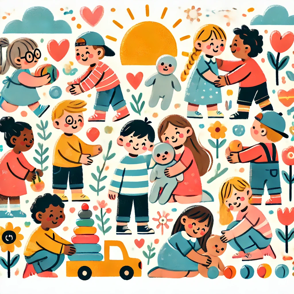 On a bright sunny day, children performing various acts of kindness - an illustration.