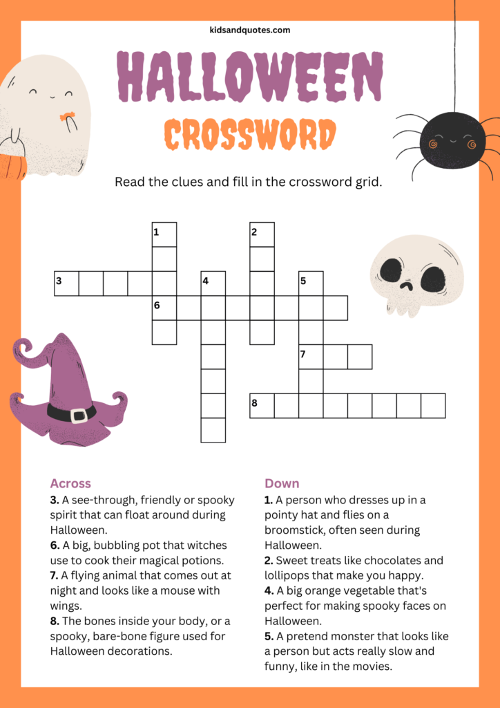 Printable Halloween crossword puzzle with grid to fill.