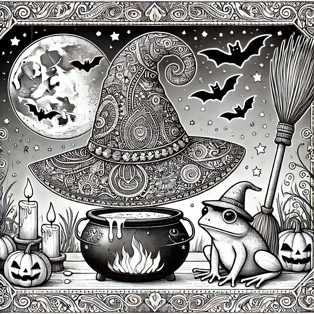 Printable Halloween coloring page - witch's hat and cauldron.