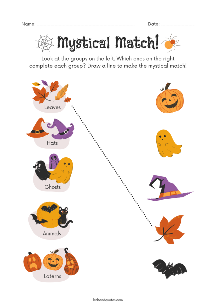 Printable Halloween mystical match puzzle for school kids.