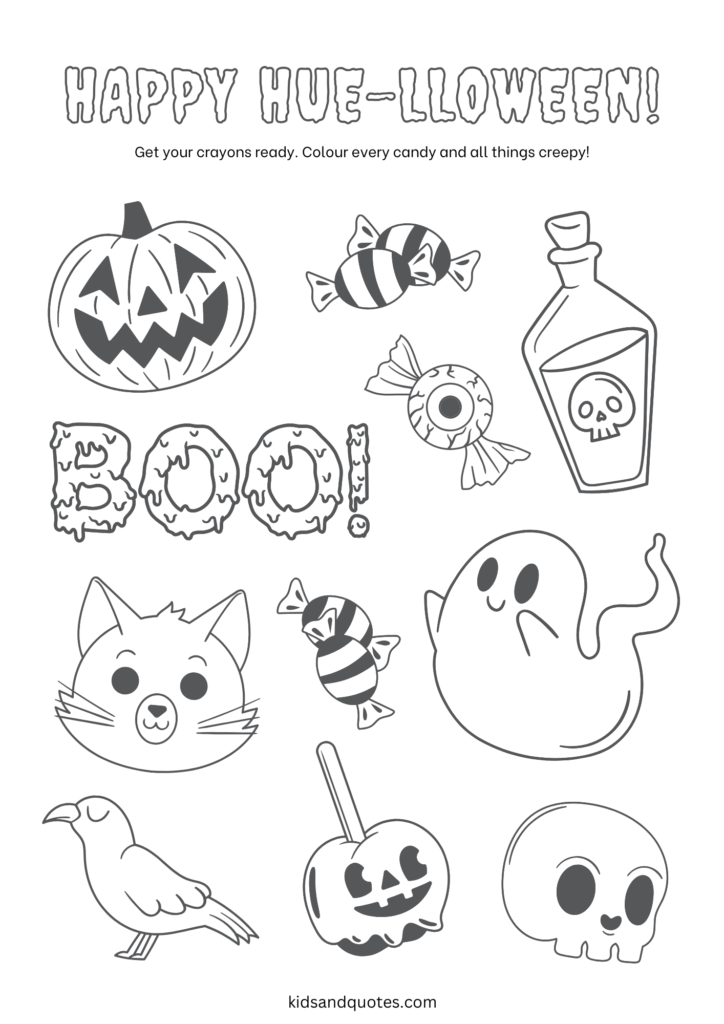 Printable coloring page for preschoolers - Halloween creepy things.