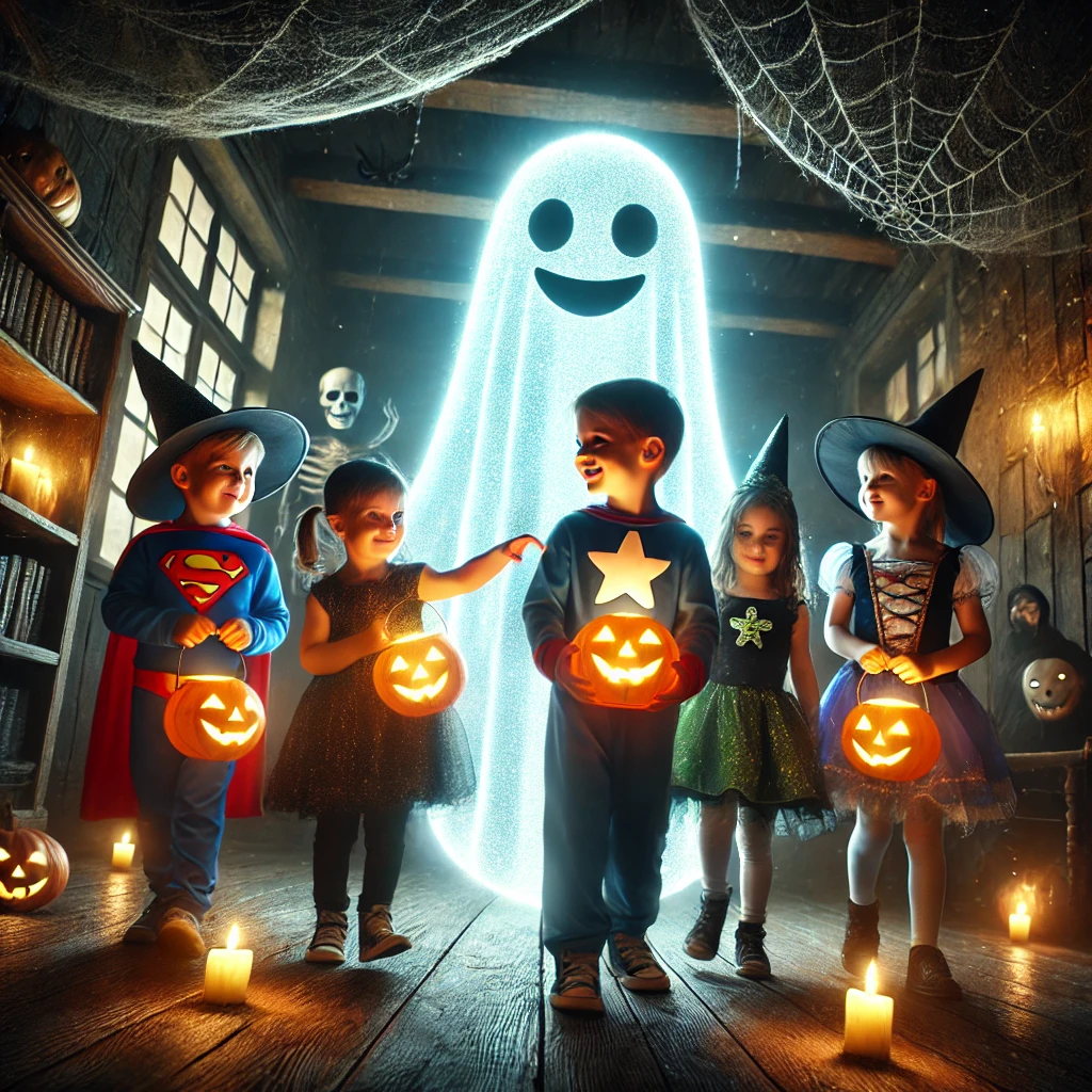 Kids being led by a friendly ghost - halloween story