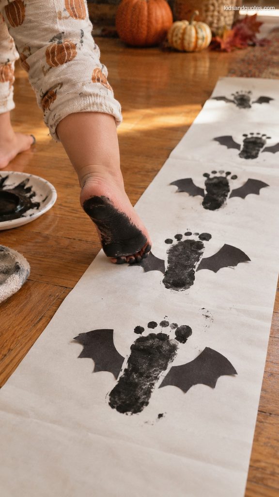 Halloween Craft: Toddler making a footprint bat family with black paint on white paper, surrounded by finished footprint bats and small pumpkins in warm autumn light.
