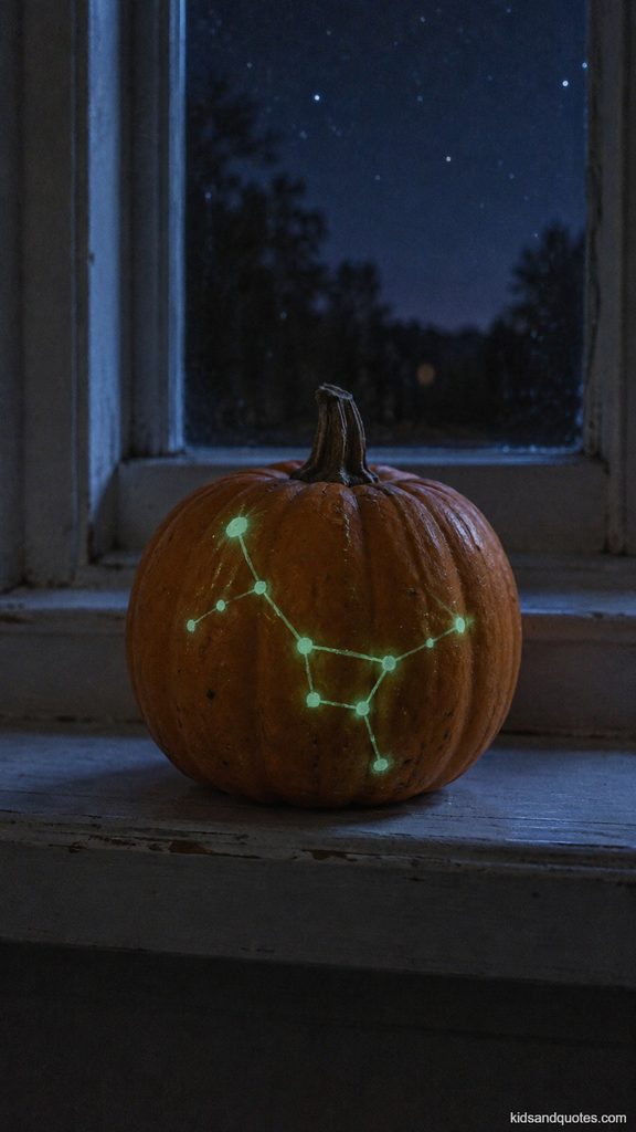Halloween Crafts: Small orange pumpkin painted with a glowing green constellation pattern on a windowsill beneath a starry night sky.