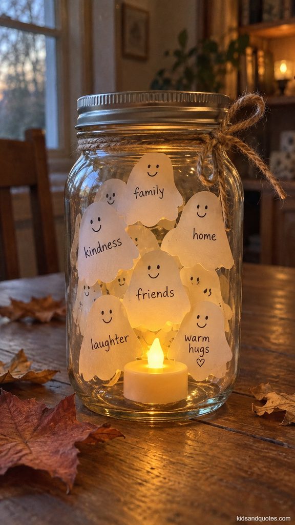 Halloween Craft: Glass mason jar filled with handwritten paper gratitude ghosts and a glowing battery tea light, finished with a twine bow and autumn leaves.