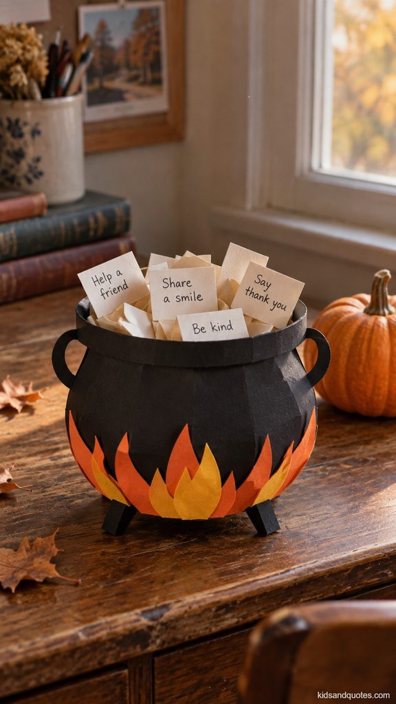 Handmade black paper Kindness Cauldron filled with folded kindness notes and decorated with orange paper flames beside a pumpkin on a rustic wooden desk.