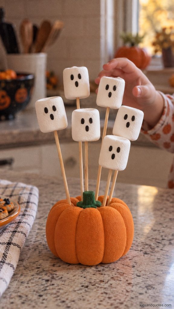 Halloween Craft: Six marshmallow ghost skewers with hand-drawn faces standing in a pumpkin-shaped holder as a child reaches for one.