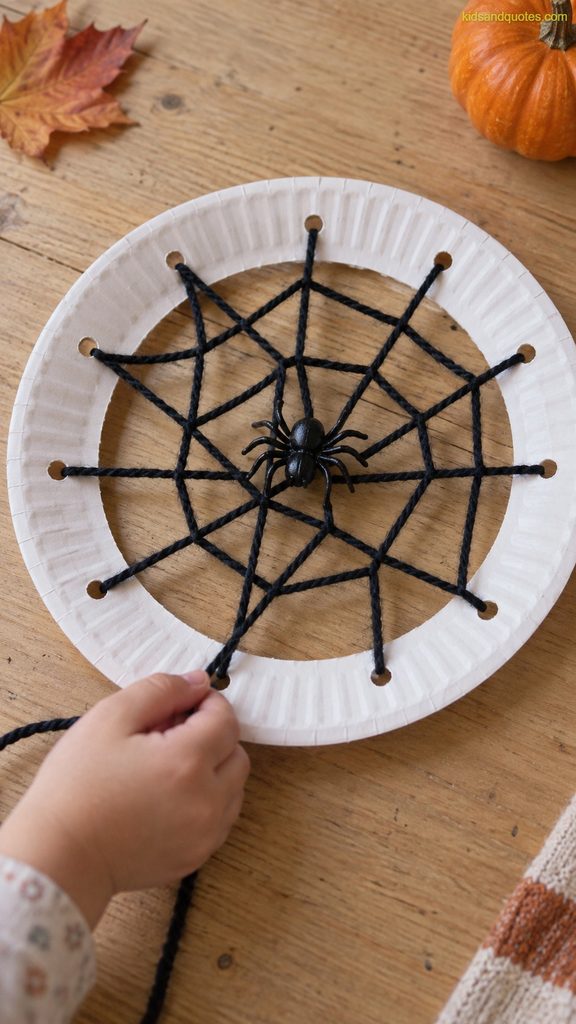 Halloween craft: Preschooler threading black yarn through holes in a white paper plate to create a spiderweb lacing craft with a plastic spider in the center.