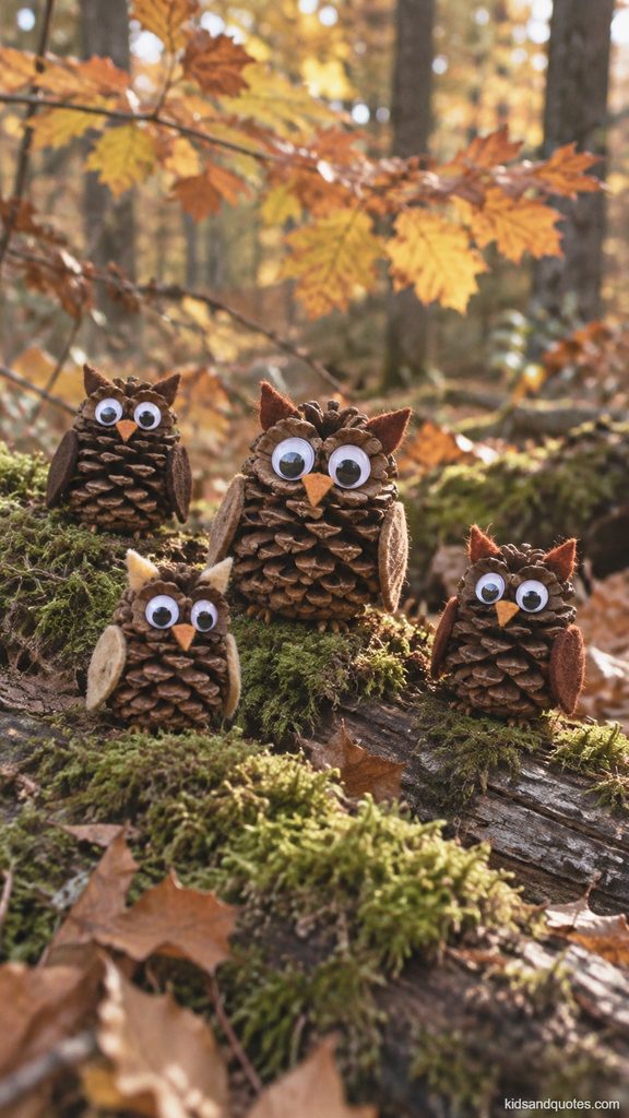 Four handmade pinecone owl crafts with felt ears and googly eyes perched on a moss-covered log in a sunlit autumn woodland.