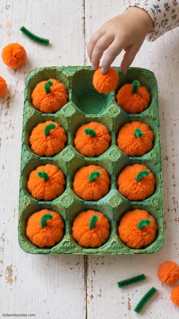 Halloween: Toddler’s hand dropping an orange pom-pom pumpkin into a green-painted egg-carton pumpkin patch on a white wooden table.