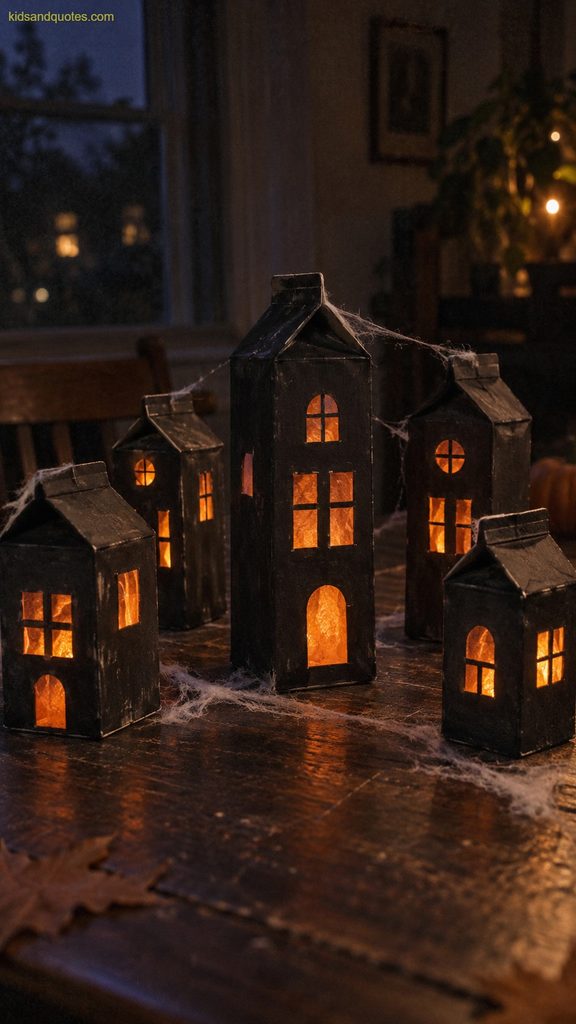 Halloween Craft: Miniature haunted village made from black-painted recycled milk cartons with glowing orange tissue-paper windows and wispy fake spiderwebs.