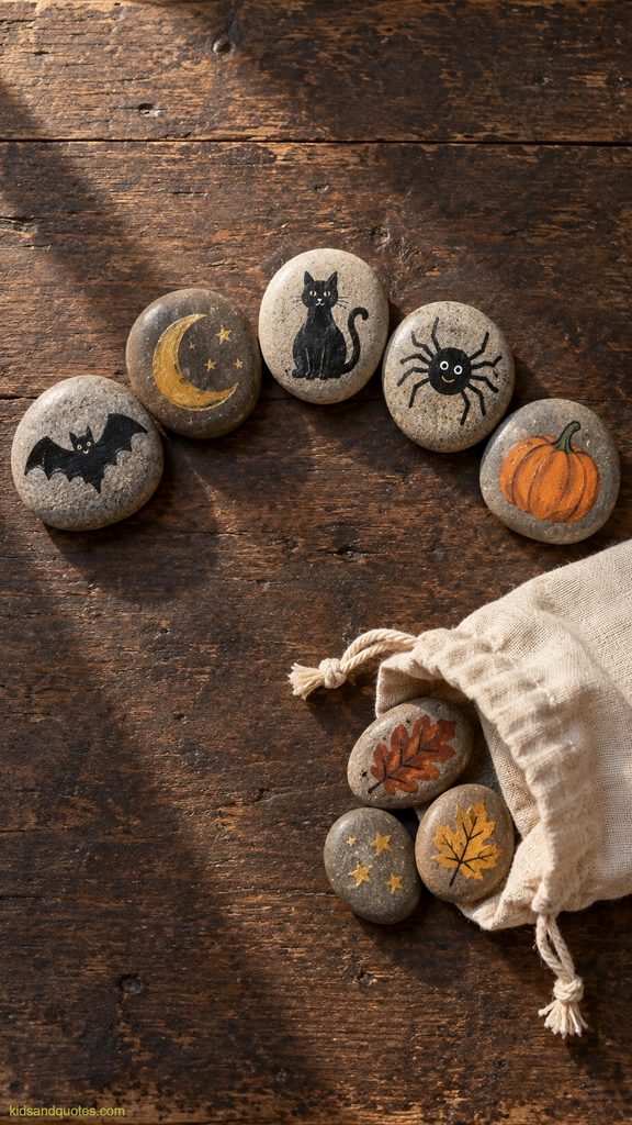 Hand-painted Halloween story stones featuring a bat, crescent moon, black cat, spider, and pumpkin beside an open cloth drawstring bag.
