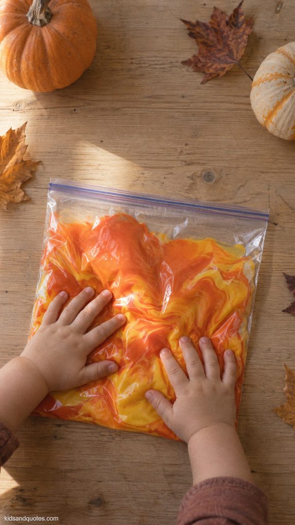 Halloween Craft: Toddler’s hands pressing a sealed sensory bag filled with swirling orange and yellow paint, surrounded by small pumpkins and autumn leaves on a wooden table.
