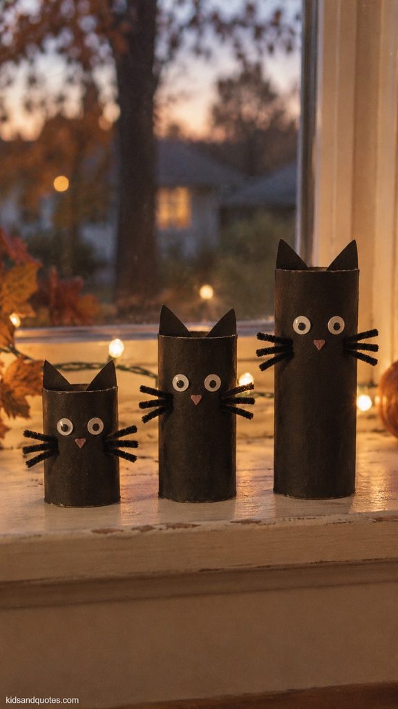 Halloween craft for preschoolers: Three black toilet-paper-roll cat crafts in graduating sizes, with paper ears, round eyes and pipe-cleaner whiskers, displayed on a warmly lit windowsill.