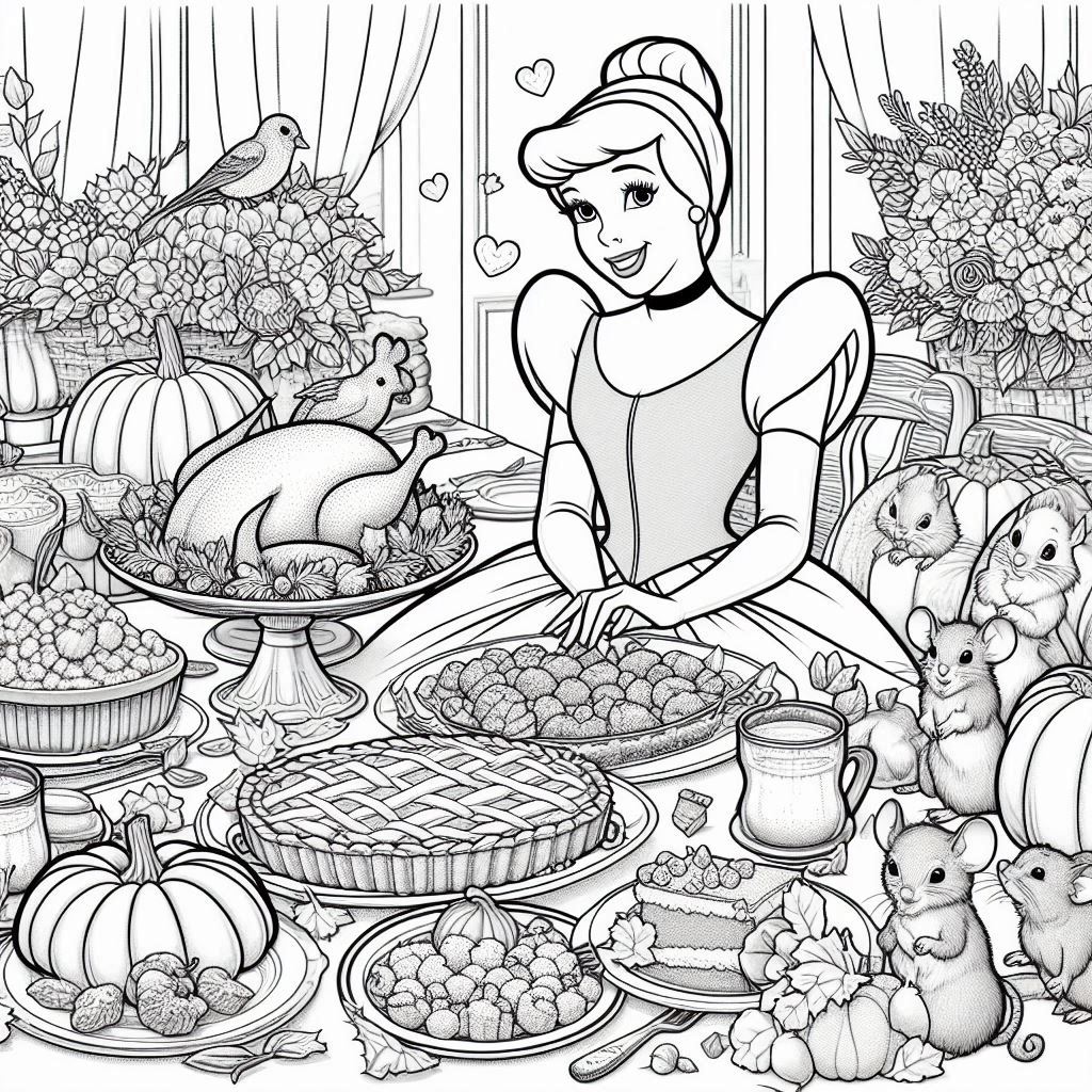 Cinderella enjoying thanksgiving - coloring page.