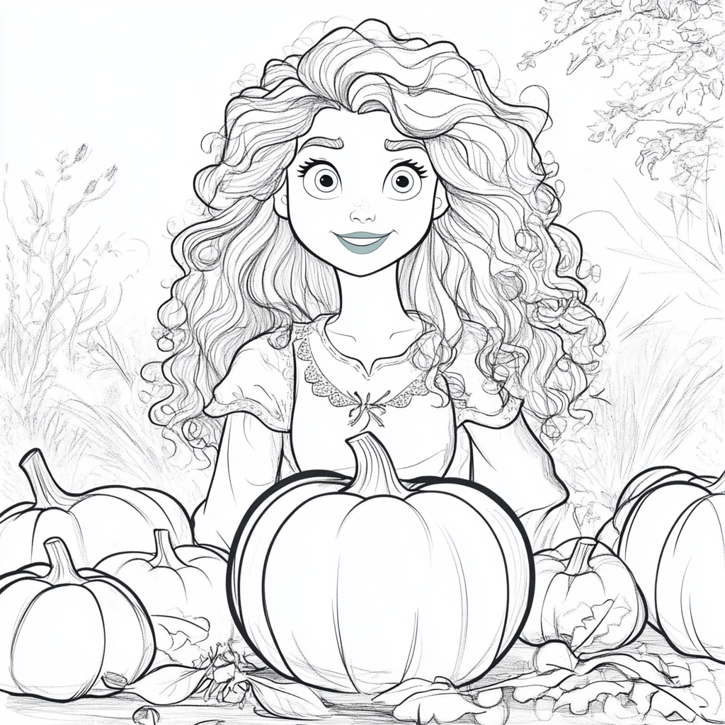 Merida, surrounded by large pumpkins and autumn leaves, creating a cozy and rustic fall atmosphere.