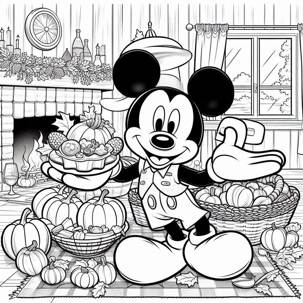 Mickey Mouse beside a festive table.