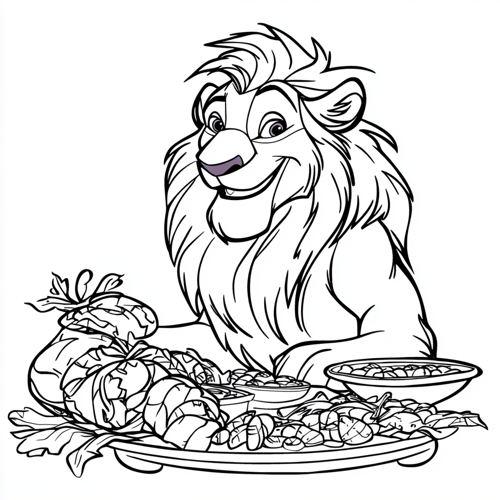 Nala, a character from Lion Kind before a feast table.