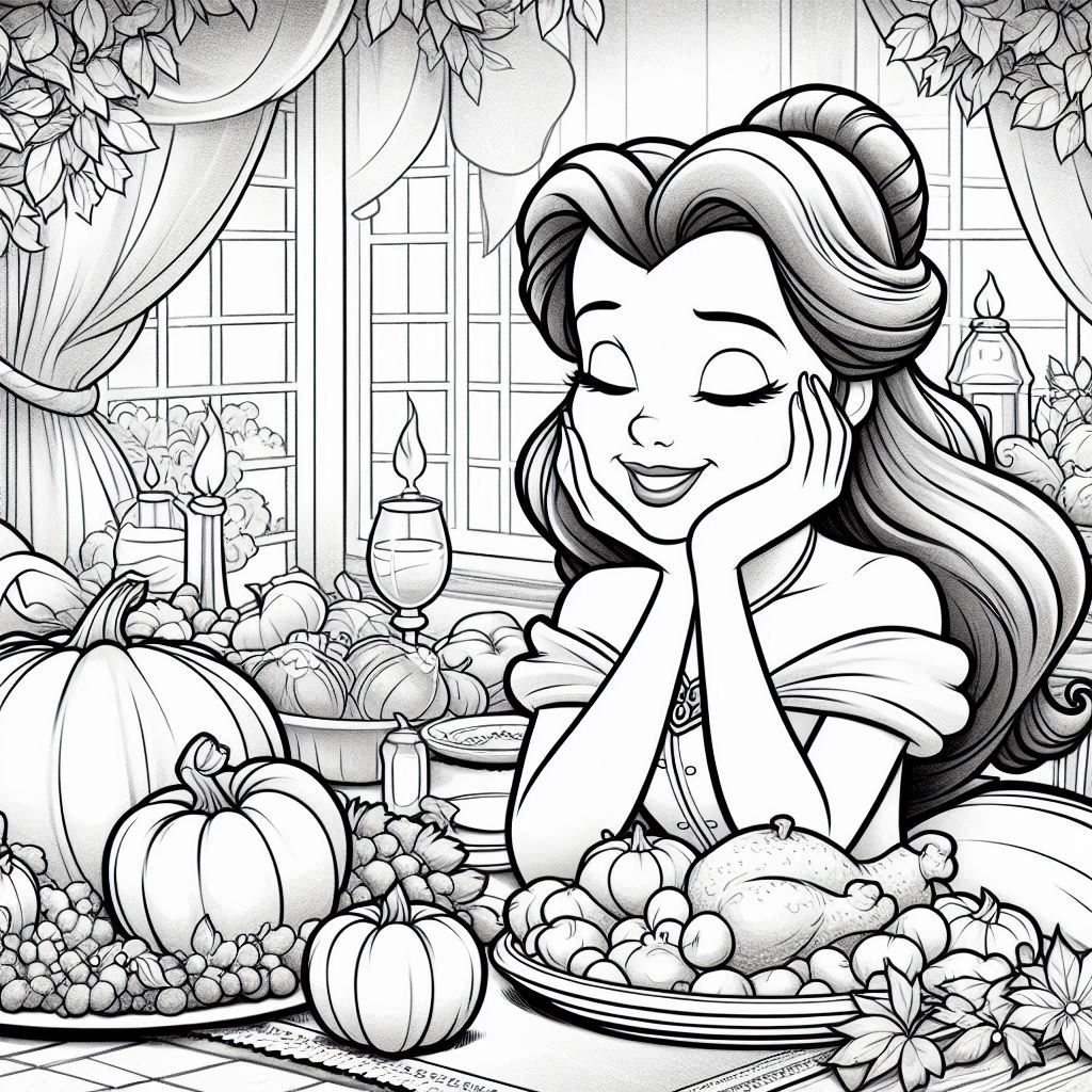 Coloring Page - Princess Belle on a table with Thanksgiving feast.