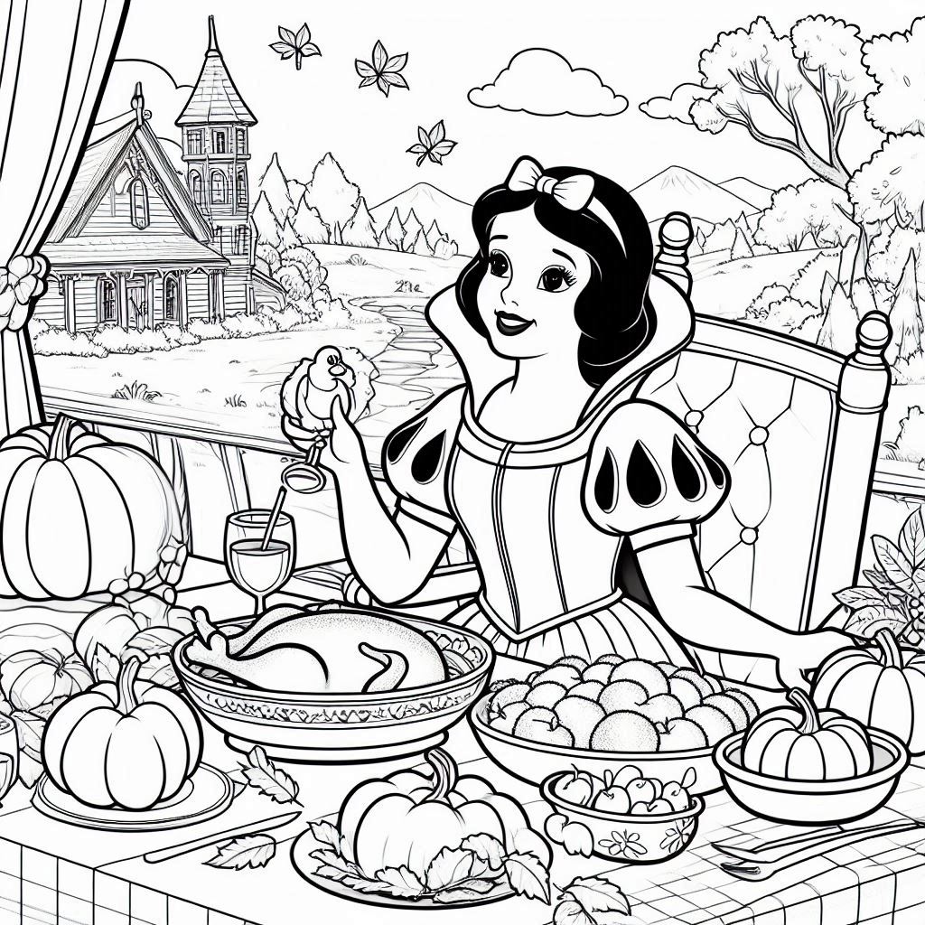 Snow White enjoying her feast on the Thanksgiving table.