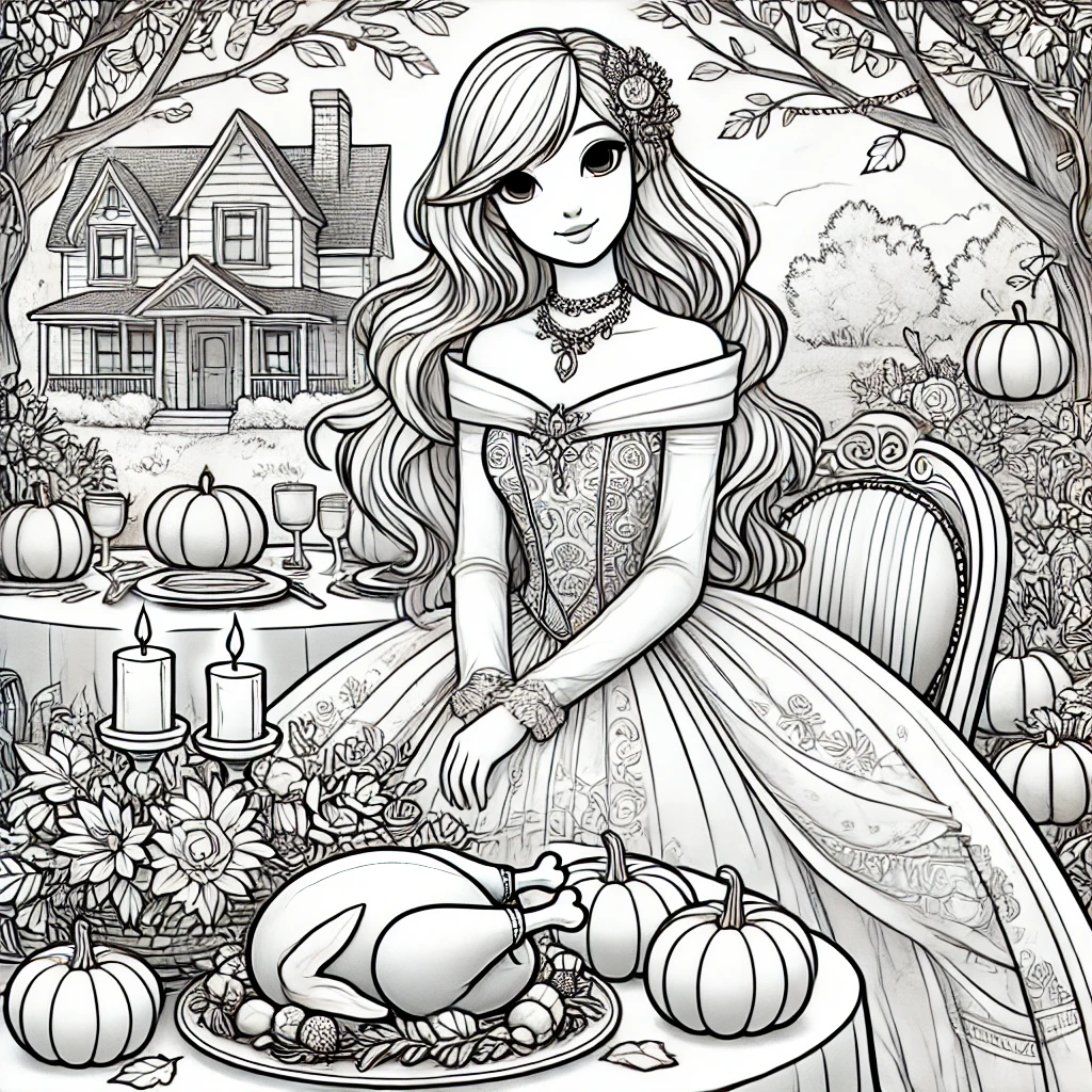 Aurora (Sleeping Beauty) at her festive table - coloring page.