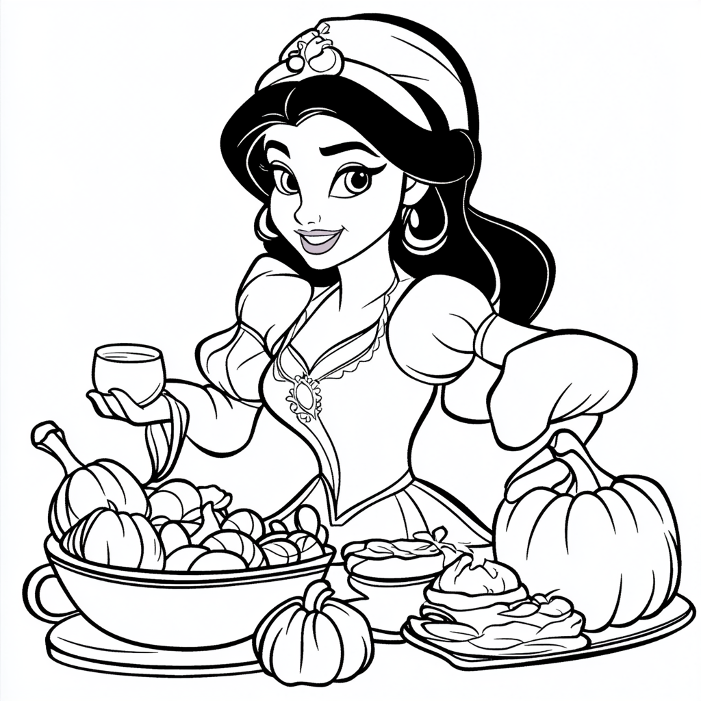 Jasmine of Aladdin before Thanksgiving feast on her table - coloring page.