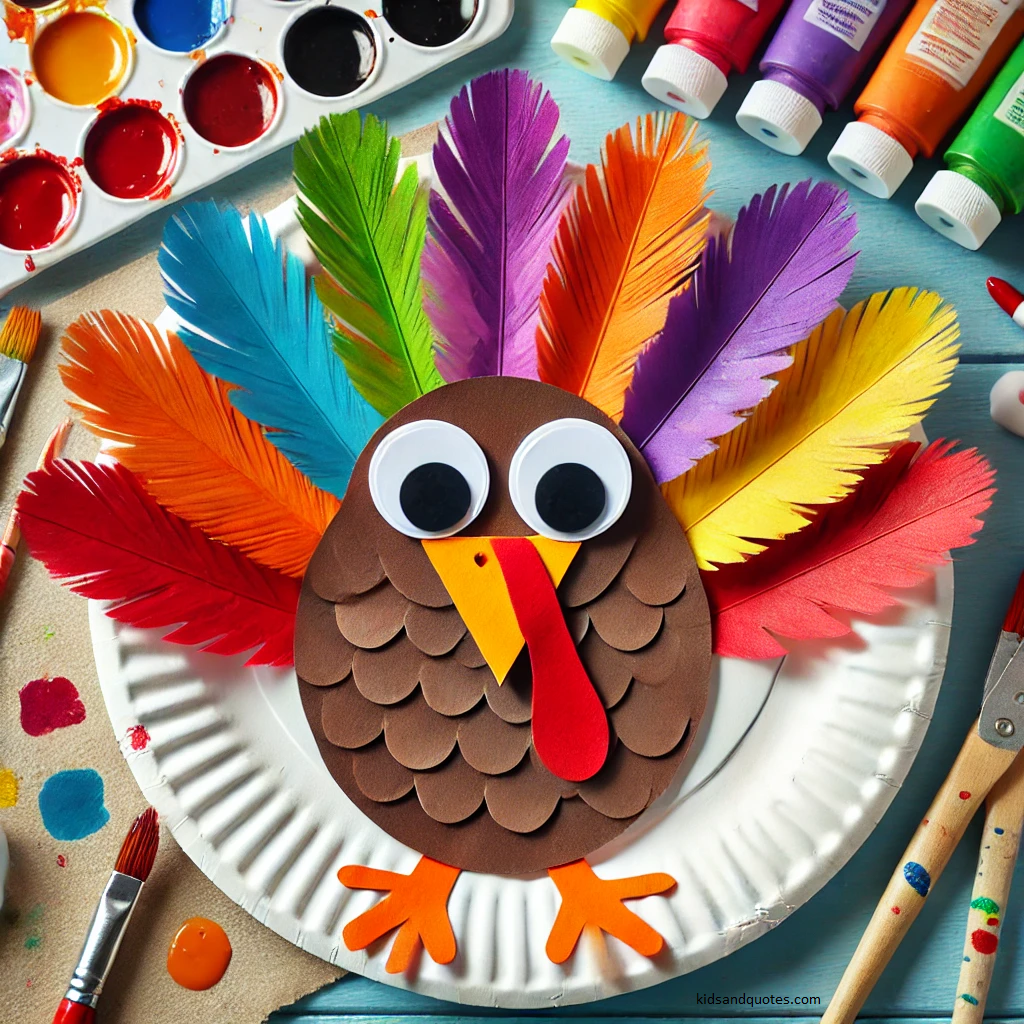 A paper plate turkey project for kindergarten on the occasion of thanksgiving.