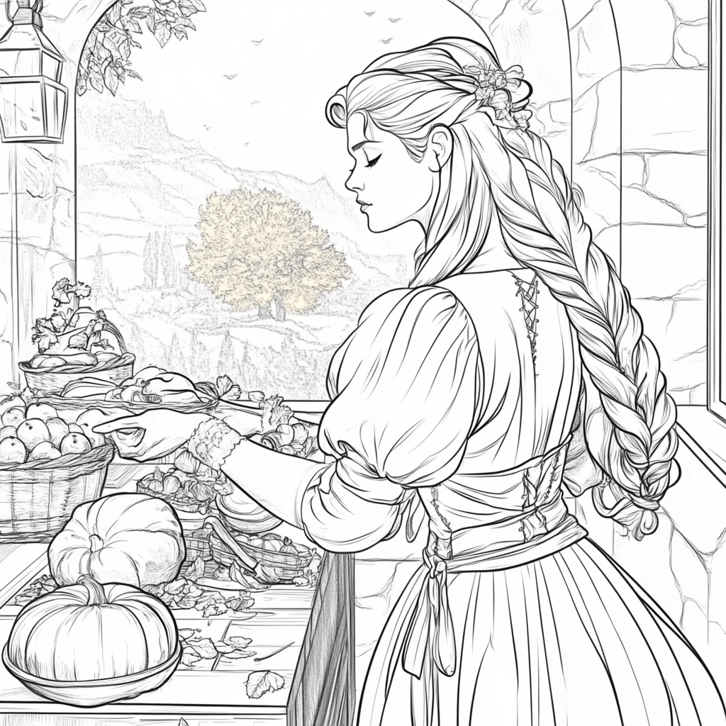 Rapunzel with long braid preparing Thanksgiving festive table.