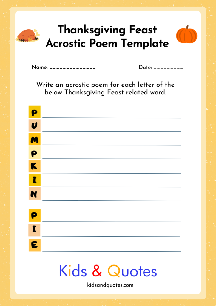 PUMPKIN PIE - Thanksgiving Acrostic poem template.