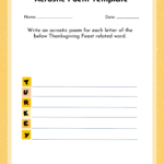 TURKEY - Free printable Thanksgiving Acrostic poem template.