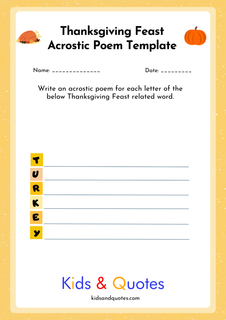 Turkey - acrostic poem template for kids, ready to print.