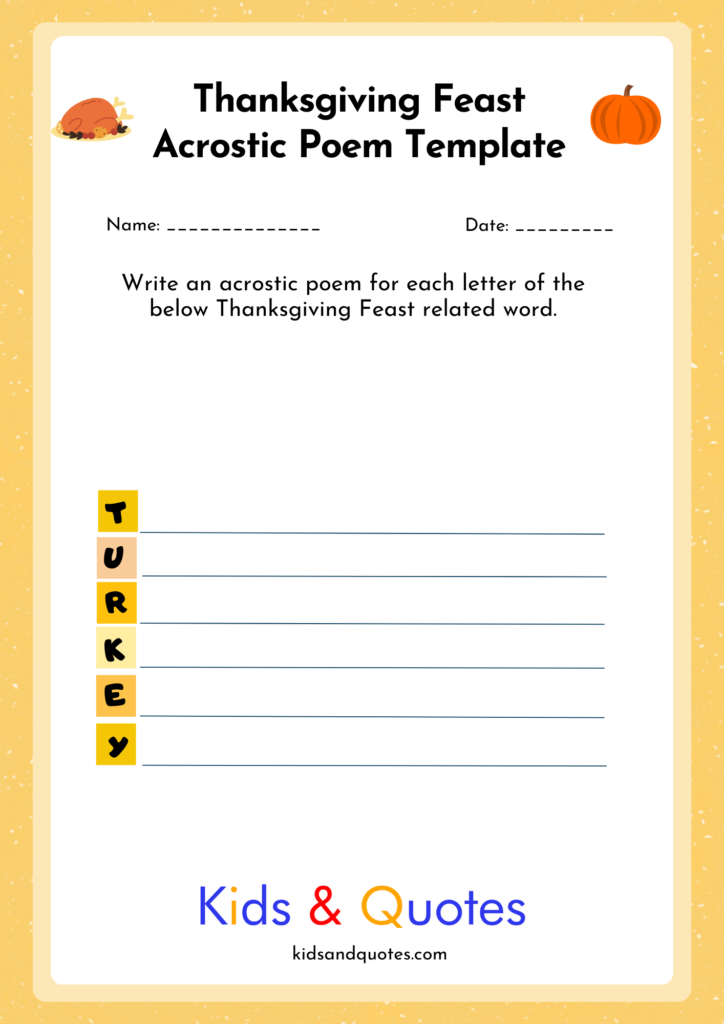 TURKEY - Free printable Thanksgiving Acrostic poem template.