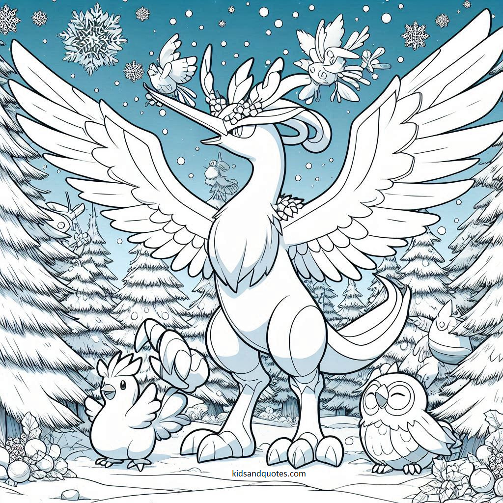 Articuno and Delibird in a snowy forest.