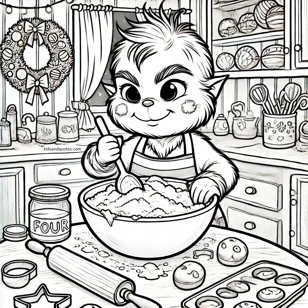 Baby Grinch is busy baking cookies, covered in flour and stirring a giant mixing bowl with a mischievous grin.