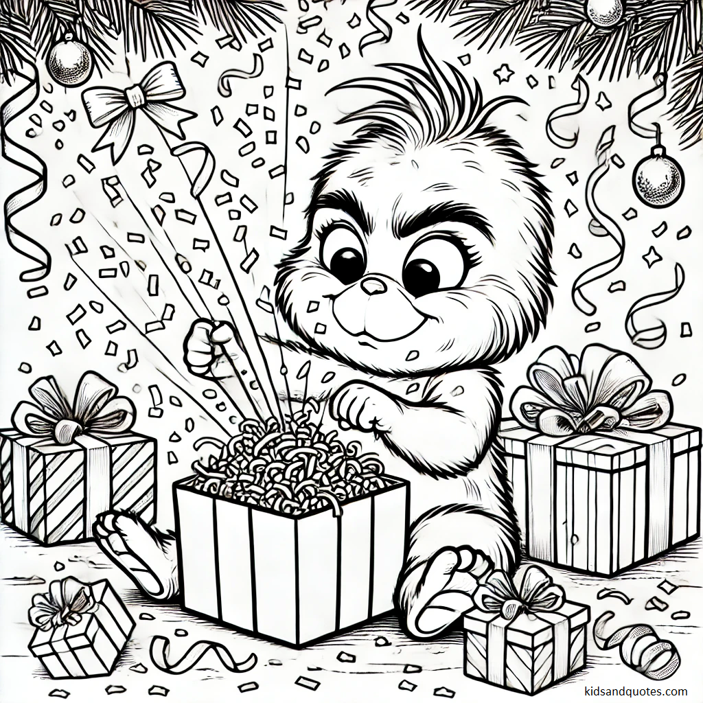 Baby Grinch surrounded by beautifully wrapped presents and Christmas decorations.